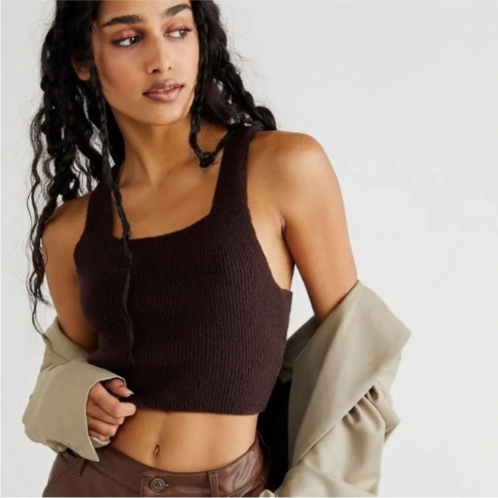 NWT Free People Intimately Dark Brown Ribbed Criss Cross Back Crop Tank XS